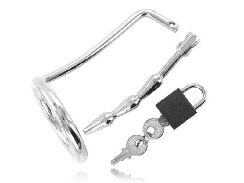 METAL HARD - TESTICLE RING WITH URETHRAL CHASTITY PLUG