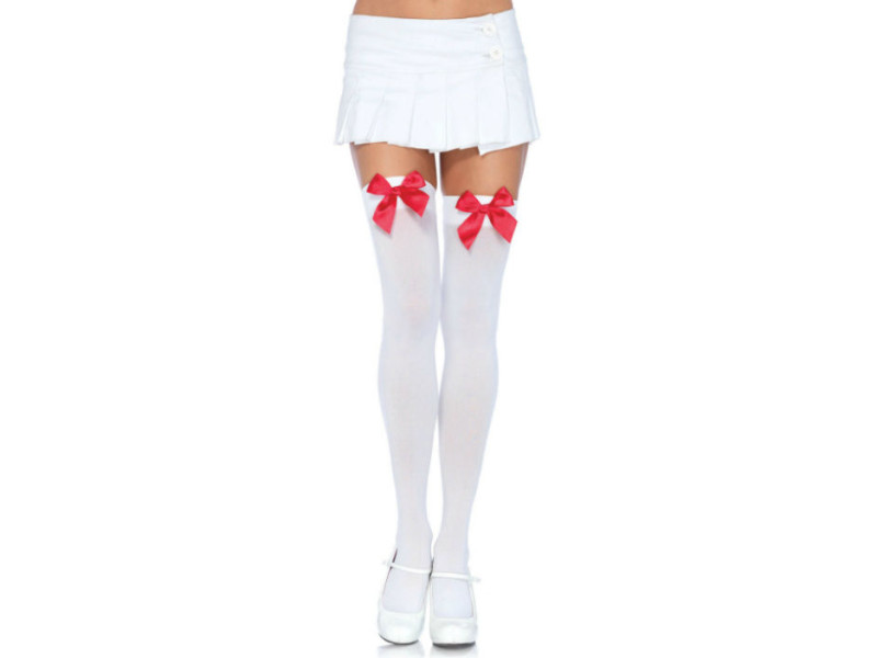 LEG AVENUE - NYLON THIGH HIGHS WITH BOW WHITE / RED