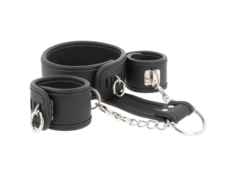 FETISH SUBMISSIVE - VEGAN LEATHER NECKLACE AND HANDCUFFS WITH NOPRENE LINING