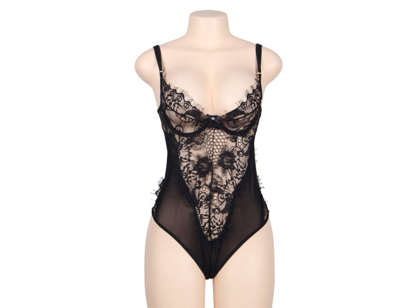 SUBBLIME - QUEEN PLUS FLORAL LACE AND FRINGED BLACK TEDDY