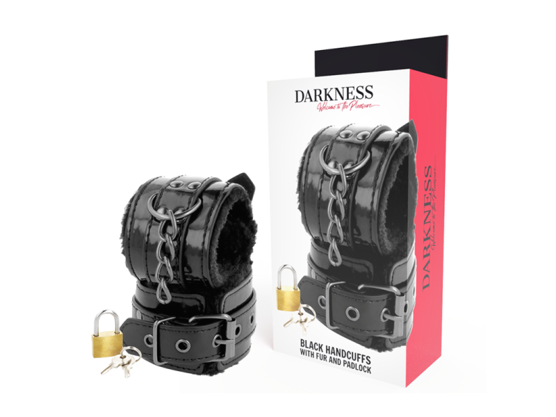 DARKNESS - BLACK ADJUSTABLE LEATHER HANDCUFFS WITH PADLOCK