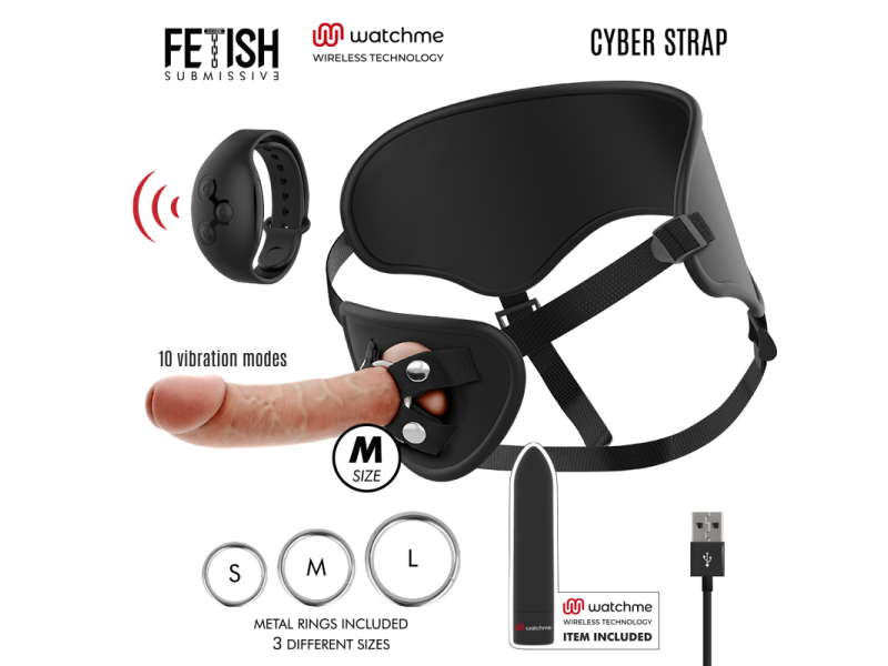 FETISH SUBMISSIVE CYBER STRAP - HARNESS WITH DILDO AND BULLET REMOTE CONTROL WATCHME M TECHNOLOGY