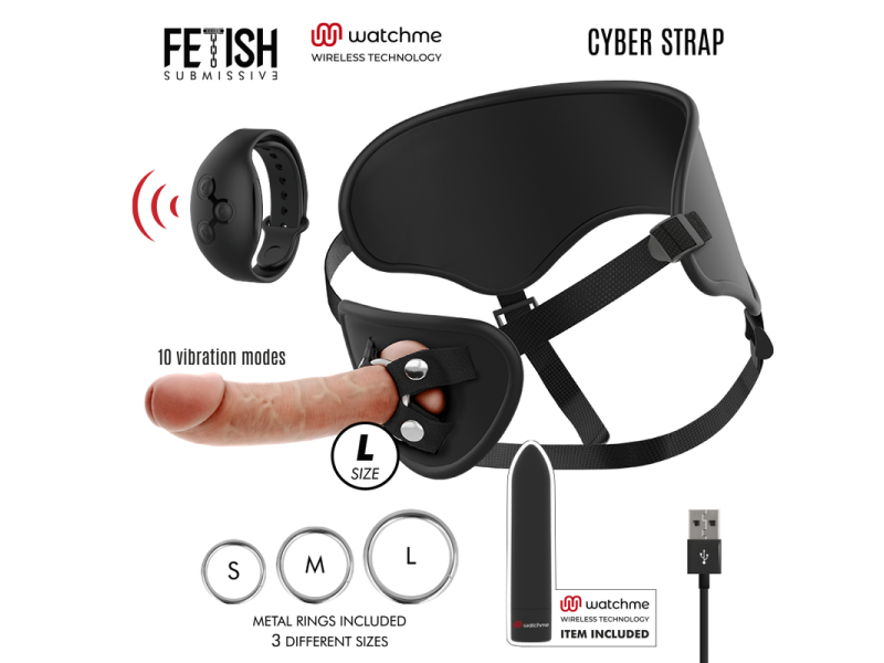 FETISH SUBMISSIVE CYBER STRAP - HARNESS WITH DILDO AND BULLET REMOTE CONTROL WATCHME L TECHNOLOGY