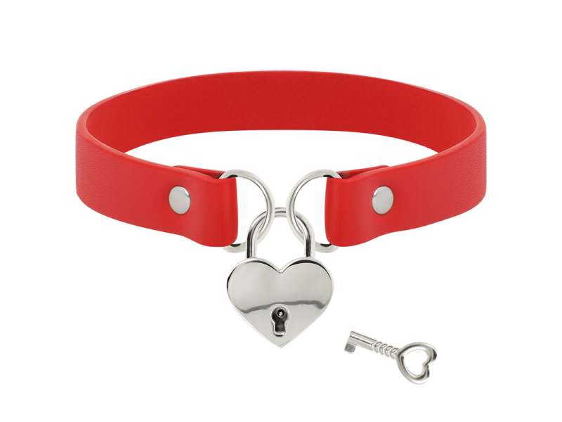 COQUETTE CHIC DESIRE - RED VEGAN LEATHER NECKLACE WITH HEART ACCESSORY WITH KEY