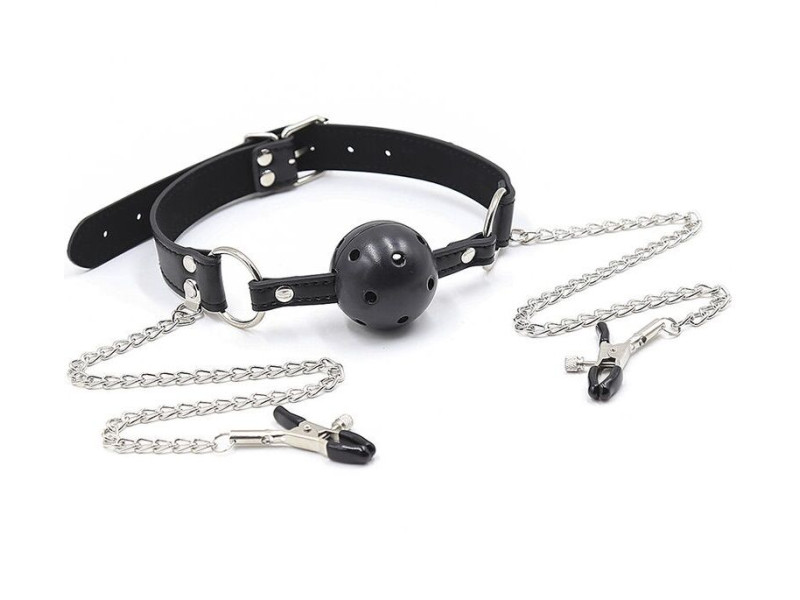 OHMAMA FETISH - BALL GAG WITH VENTS AND NIPPLE CLAMPS