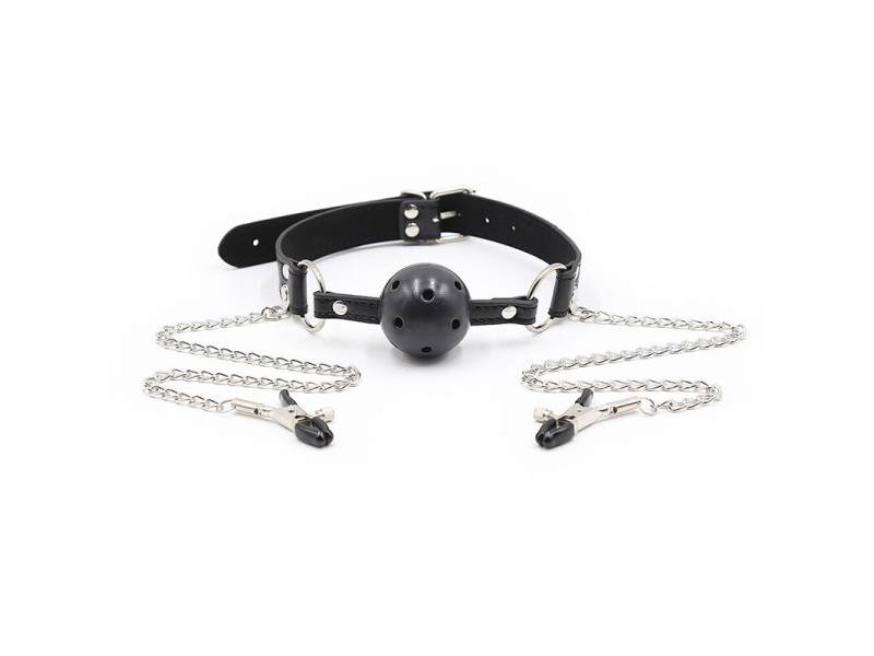 OHMAMA FETISH - BALL GAG WITH VENTS AND NIPPLE CLAMPS