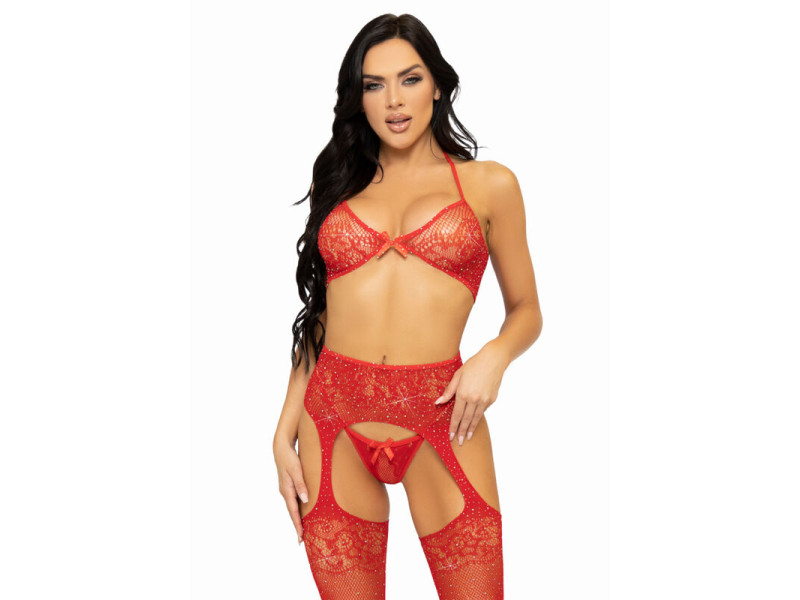 LEG AVENUE - THREE PIECES SET BRA, STRING AND STOCKING ONE SIZE - RED