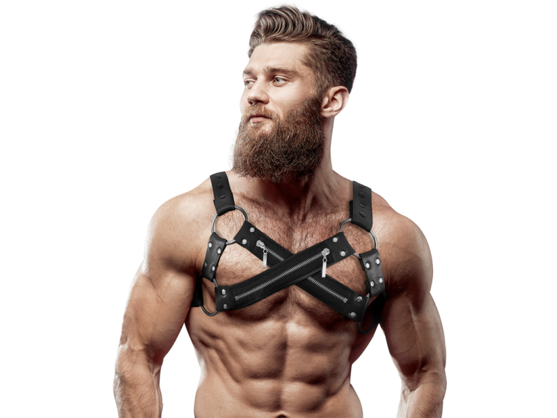 FETISH SUBMISSIVE ATTITUDE - ADJUSTABLE NEOPRENE CROSS-OVER CHEST BULLDOG HARNESS WITH ZIPPERS FOR MEN