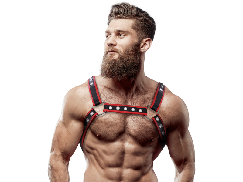 FETISH SUBMISSIVE ATTITUDE - MEN´S ECO-LEATHER CHEST BULLDOG HARNESS BLACK/RED