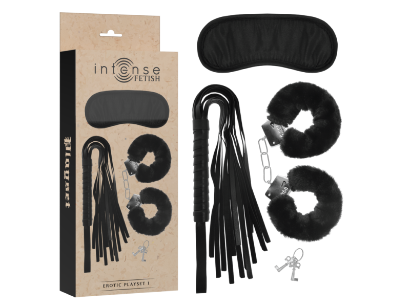 INTENSE - FETISH EROTIC PLAYSET 1 WITH HANDCUFFS, BLIND MASK AND FLOGGER