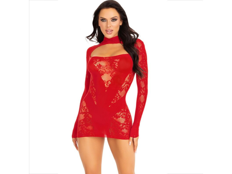 LEG AVENUE - MINI DRESS WITH LACE LONG SLEEVE RED