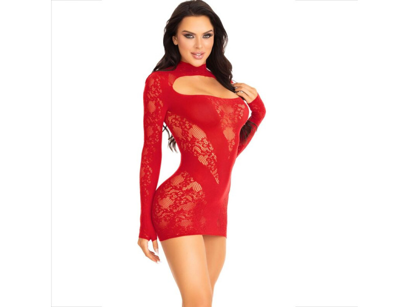 LEG AVENUE - MINI DRESS WITH LACE LONG SLEEVE RED