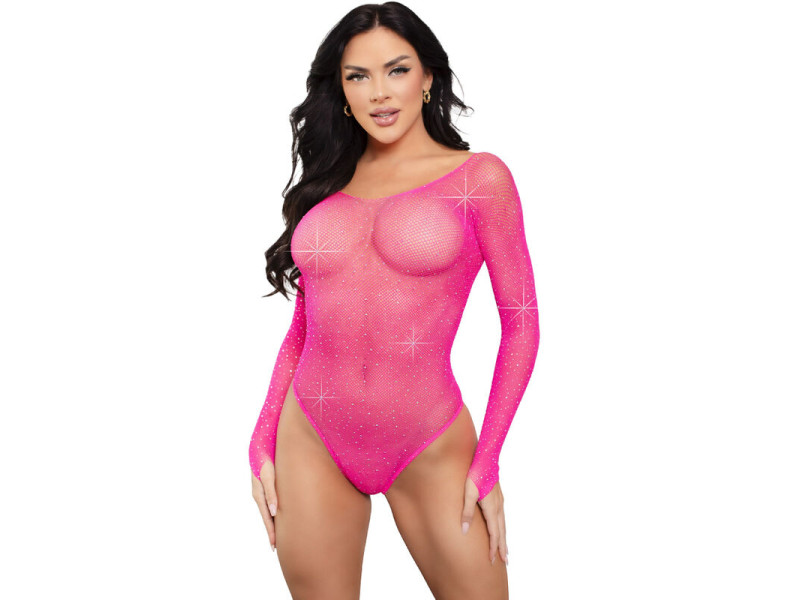 LEG AVENUE - CRYSTALIZED LONG SLEEVE BODYSUIT FUCHSIA