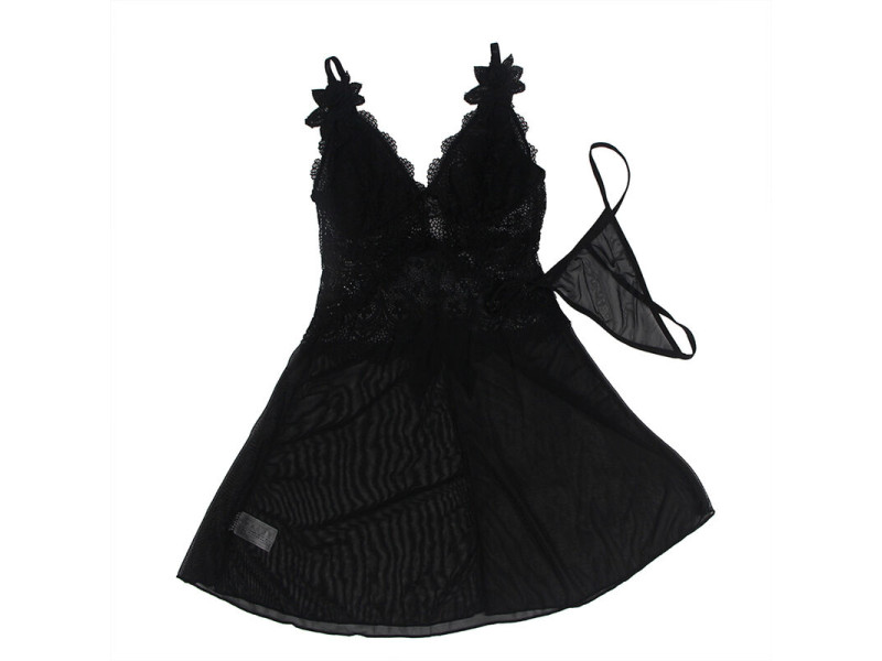 SUBBLIME - BABYDOLL TULLE FABRIC WITH LACE AND FLOWER DETAIL BLACK S/M