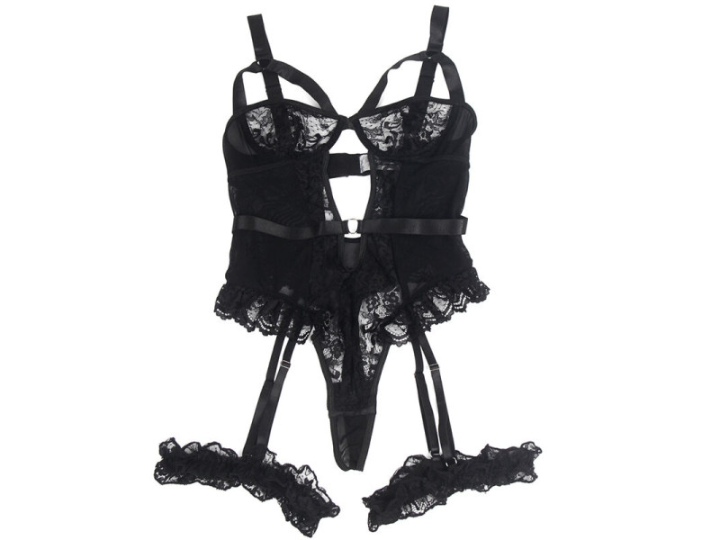 SUBBLIME - TEDDY WITH GARTER WITH LACE DETAIL AND STRIPS BLACK S/M