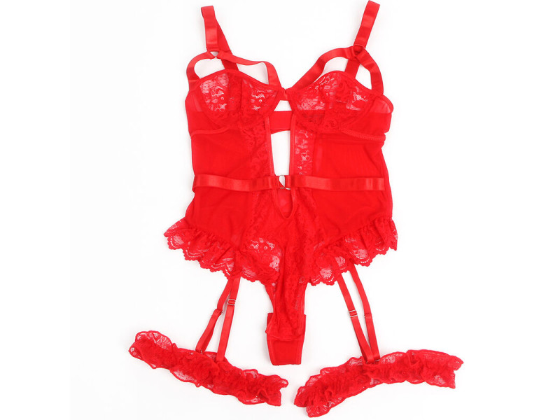 SUBBLIME - TEDDY WITH GARTER WITH LACE DETAIL AND STRIPS RED S/M