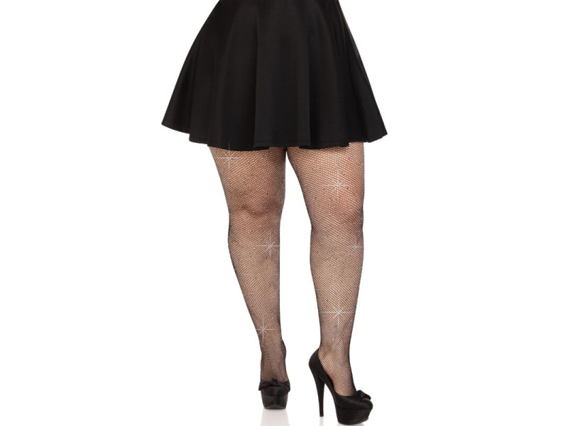 LEG AVENUE - CRYSTALIZED MESH STOCKINGS BLACK PLUS SIZE