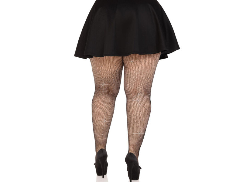 LEG AVENUE - CRYSTALIZED MESH STOCKINGS BLACK PLUS SIZE