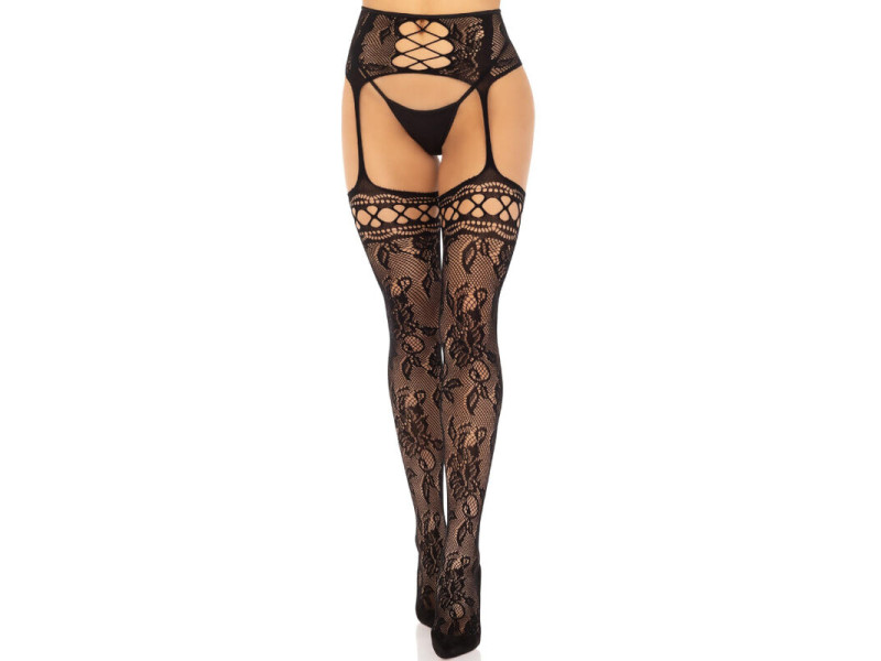 LEG AVENUE - FLORAL LACE GARTER STOCKINGS BLACK