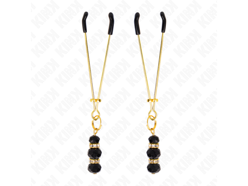 KINK - GOLD THIN NIPPLE CLAMPS WITH 3 BLACK GLASS BEADS 7 CM