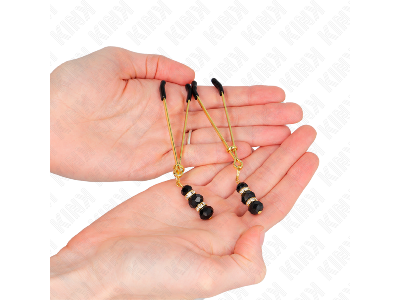 KINK - GOLD THIN NIPPLE CLAMPS WITH 3 BLACK GLASS BEADS 7 CM