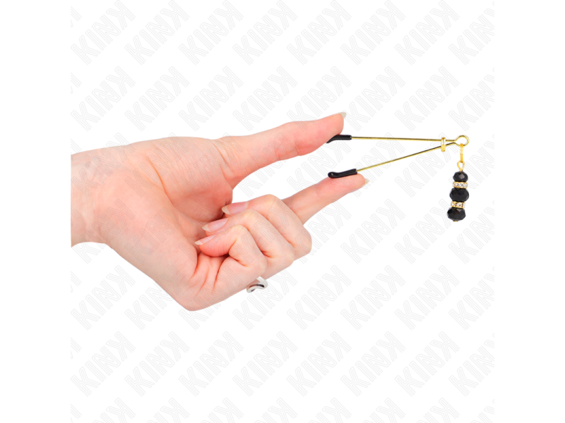 KINK - GOLD THIN NIPPLE CLAMPS WITH 3 BLACK GLASS BEADS 7 CM