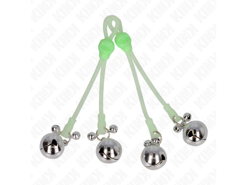 KINK - LUMINOUS SKULL NIPPLE CLAMPS WITH RING BELLS ADJUSTABLE GREEN / SILVER