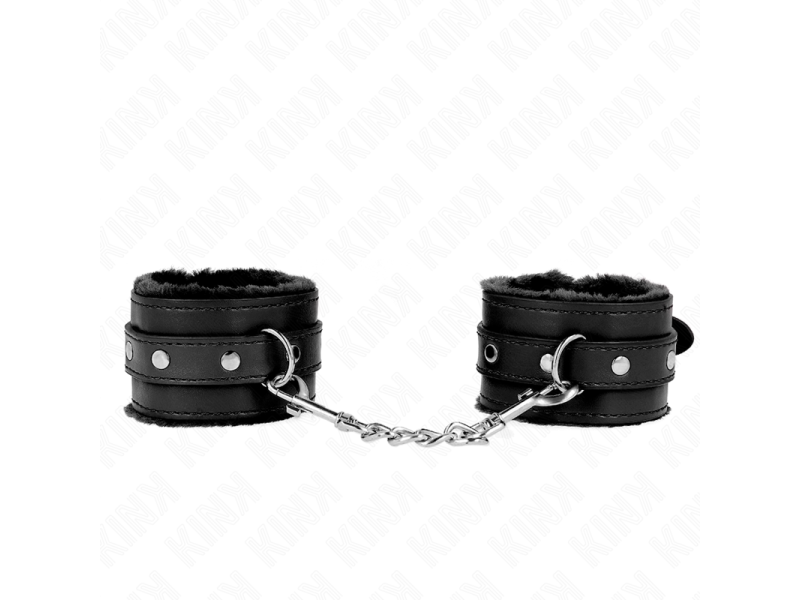 KINK - PREMIUM FUR LINED WRIST RESTRAINTS BLACK WITH BLACK BELT ADJUSTABLE 17-29 CM X 6 CM