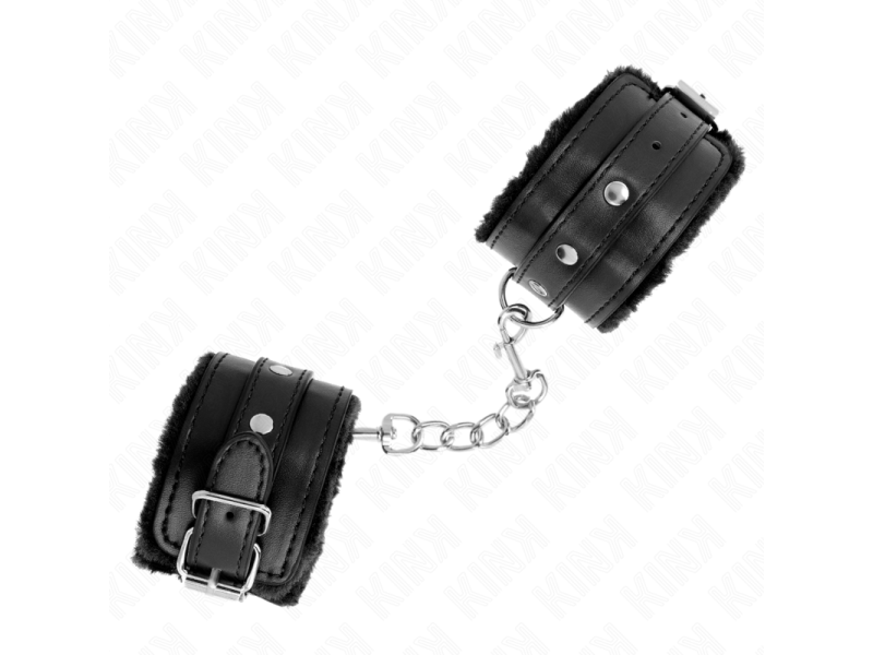 KINK - PREMIUM FUR LINED WRIST RESTRAINTS BLACK WITH BLACK BELT ADJUSTABLE 17-29 CM X 6 CM