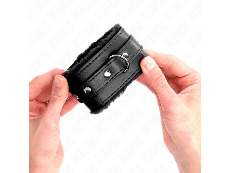 KINK - PREMIUM FUR LINED WRIST RESTRAINTS BLACK WITH BLACK BELT ADJUSTABLE 17-29 CM X 6 CM