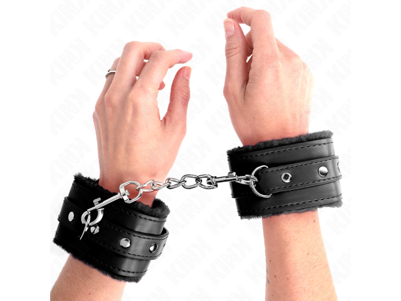 KINK - PREMIUM FUR LINED WRIST RESTRAINTS BLACK WITH BLACK BELT ADJUSTABLE 17-29 CM X 6 CM