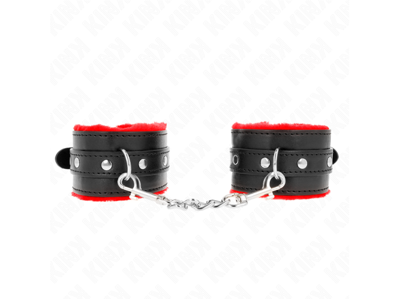 KINK - PREMIUM FUR LINED WRIST RESTRAINTS RED WITH BLACK BELT ADJUSTABLE 17-29 CM X 6 CM