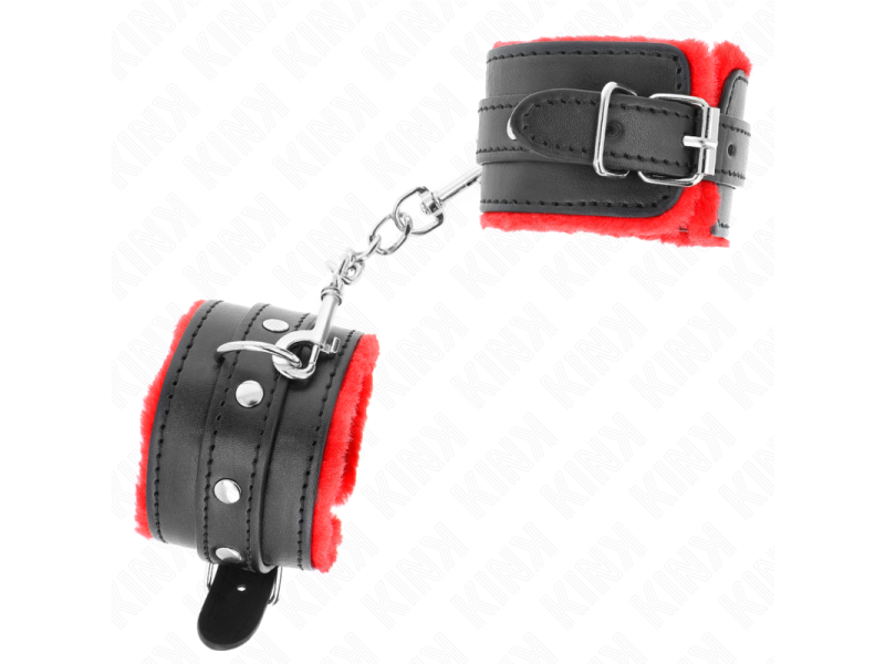KINK - PREMIUM FUR LINED WRIST RESTRAINTS RED WITH BLACK BELT ADJUSTABLE 17-29 CM X 6 CM