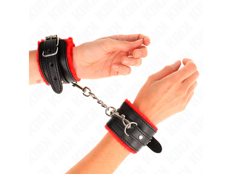 KINK - PREMIUM FUR LINED WRIST RESTRAINTS RED WITH BLACK BELT ADJUSTABLE 17-29 CM X 6 CM