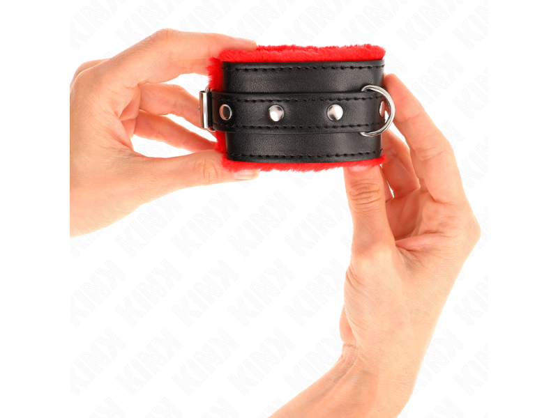 KINK - PREMIUM FUR LINED WRIST RESTRAINTS RED WITH BLACK BELT ADJUSTABLE 17-29 CM X 6 CM