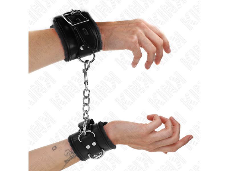 KINK - FUR LINED WRIST RESTRAINTS BLACK WITH BLACK BELT ADJUSTABLE 17-29 CM X 6 CM