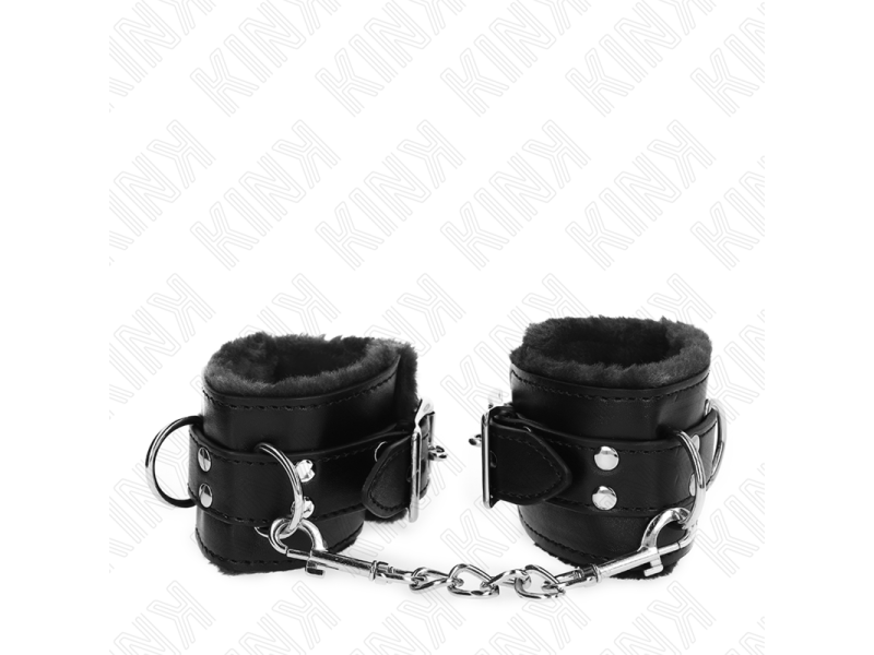 KINK - FUR LINED WRIST RESTRAINTS BLACK WITH BLACK BELT ADJUSTABLE 17-29 CM X 6 CM