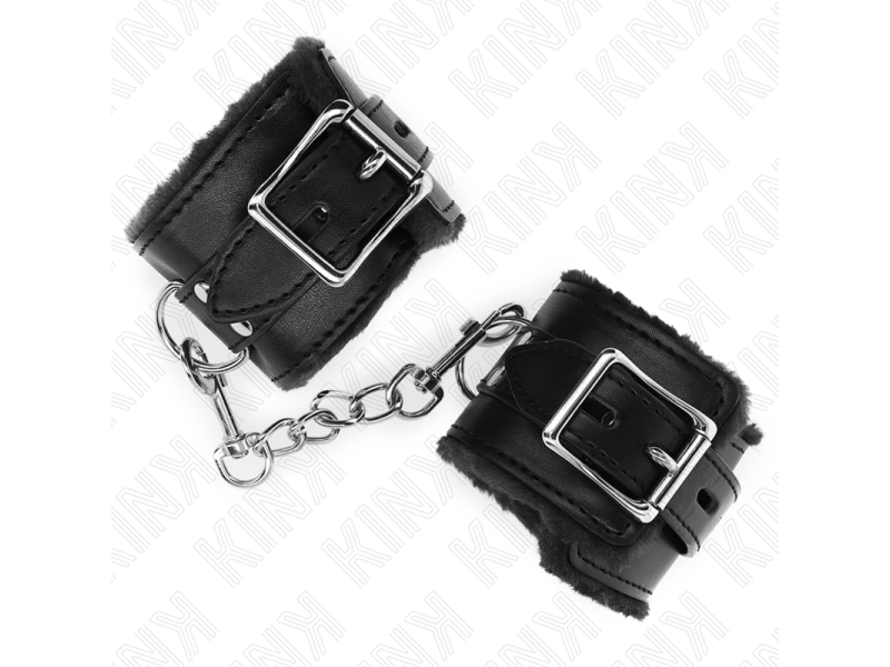 KINK - FUR LINED WRIST RESTRAINTS BLACK WITH BLACK BELT ADJUSTABLE 17-29 CM X 6 CM