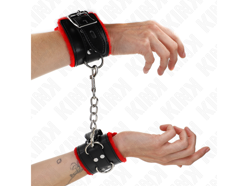 KINK - FUR LINED WRIST RESTRAINTS WITH SQUARE HOLES RED AND BLACK BELT ADJUSTABLE 17-29 CM X 6 CM