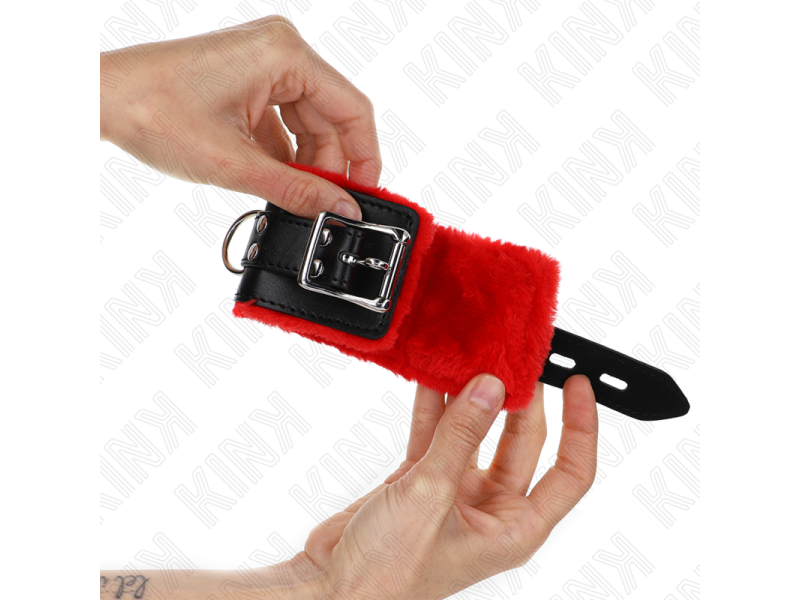 KINK - FUR LINED WRIST RESTRAINTS WITH SQUARE HOLES RED AND BLACK BELT ADJUSTABLE 17-29 CM X 6 CM