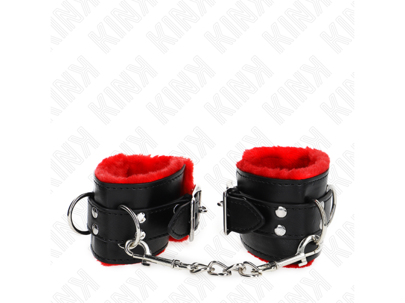 KINK - FUR LINED WRIST RESTRAINTS WITH SQUARE HOLES RED AND BLACK BELT ADJUSTABLE 17-29 CM X 6 CM