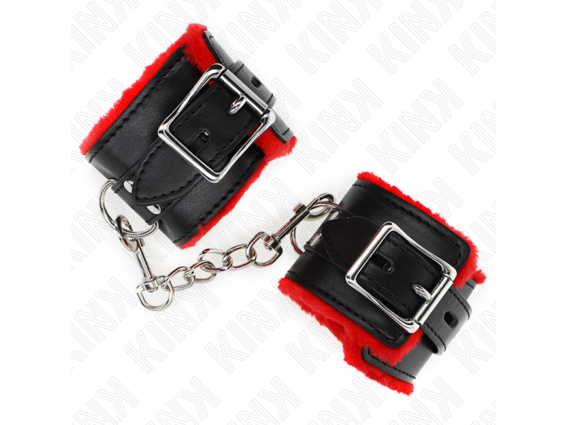 KINK - FUR LINED WRIST RESTRAINTS WITH SQUARE HOLES RED AND BLACK BELT ADJUSTABLE 17-29 CM X 6 CM