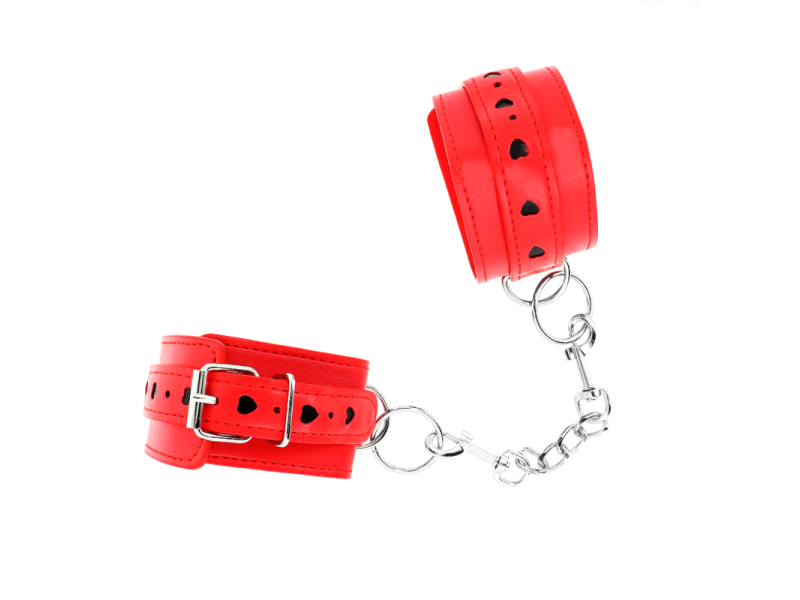 KINK - RED WRIST RESTRAINTS WITH BLACK HEART INLAY ADJUSTABLE 21-28 CM X 5.5 CM