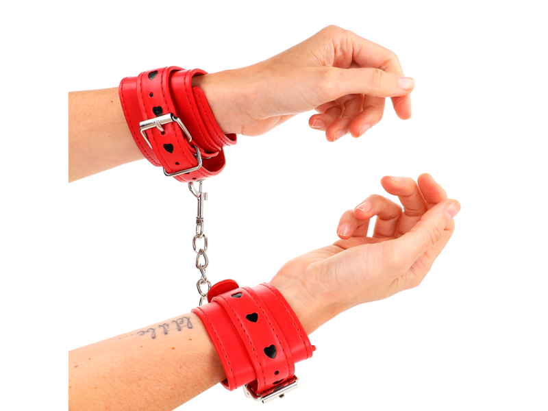 KINK - RED WRIST RESTRAINTS WITH BLACK HEART INLAY ADJUSTABLE 21-28 CM X 5.5 CM