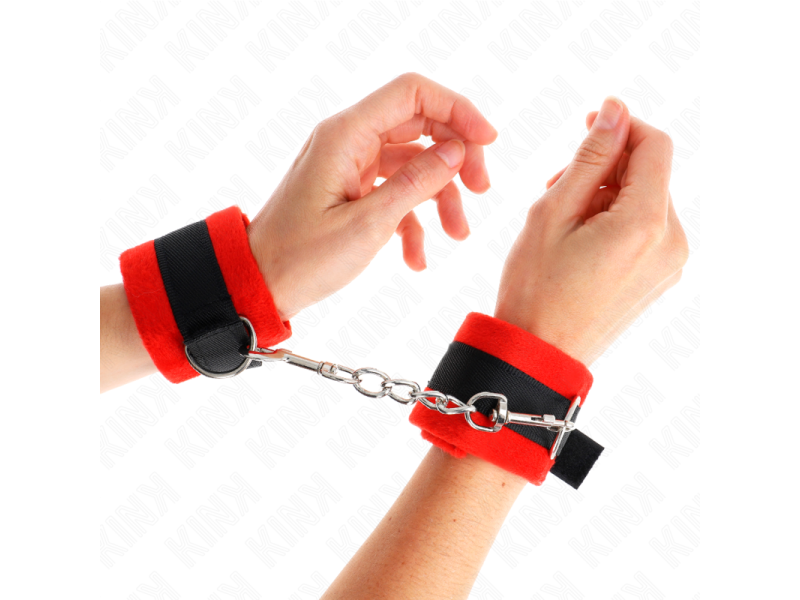 KINK - BEGINNER FUR HAND CUFFS BLACK-RED 30 X 7 CM