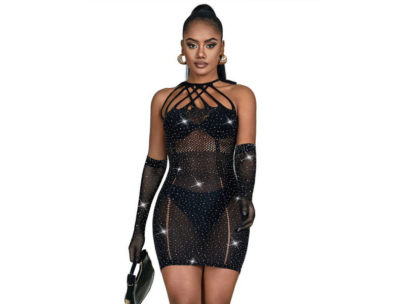 SUBBLIME - 952235 FISHNET DRESS WITH RHINESTONES  BLACK ONE SIZE