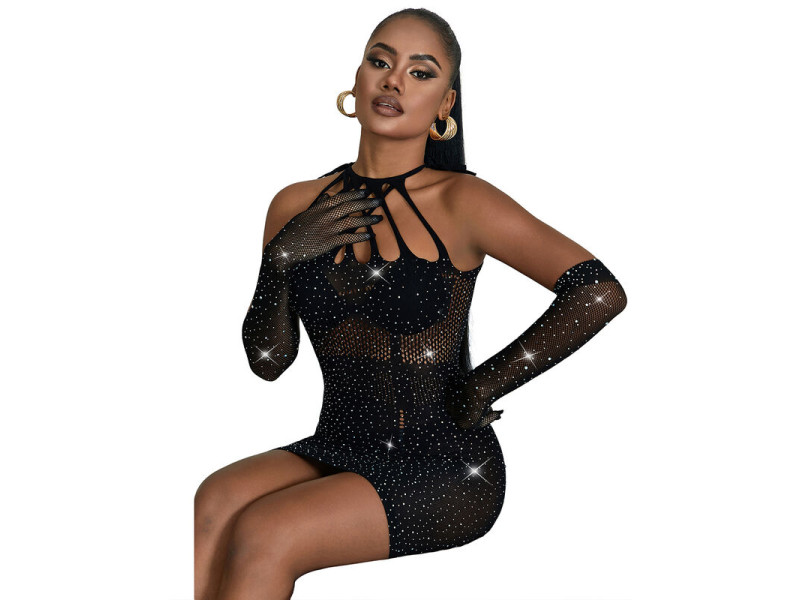 SUBBLIME - 952235 FISHNET DRESS WITH RHINESTONES  BLACK ONE SIZE