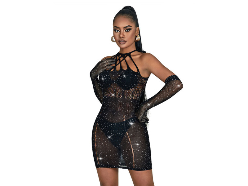 SUBBLIME - 952235 FISHNET DRESS WITH RHINESTONES  BLACK ONE SIZE