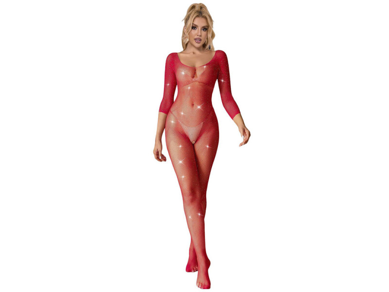 SUBBLIME - 952419 FISHNET BODYSTOCKING WITH DIAMONDS LONG SLEEVE RED ONE SIZE