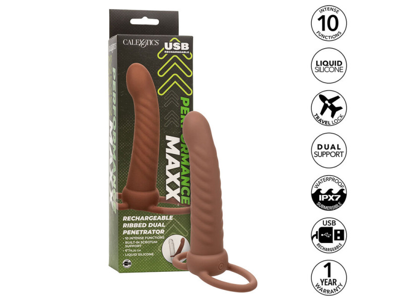 CALEXOTICS - MAXX RIBBED DUAL PENETRATOR 10 VIBRATIONS BROWN